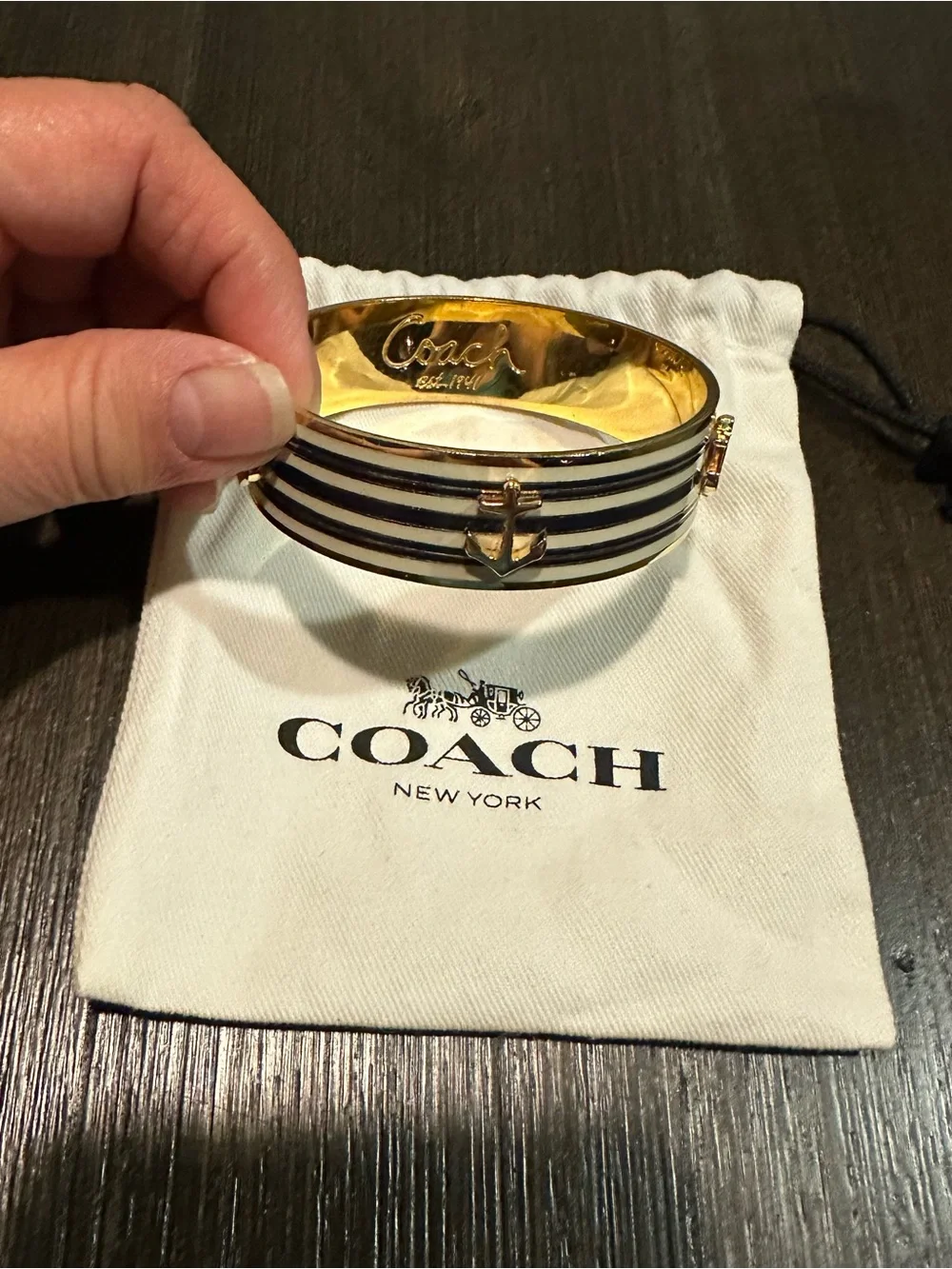 Coach Gold and Navy Anchor Stripe Bangle Bracelet